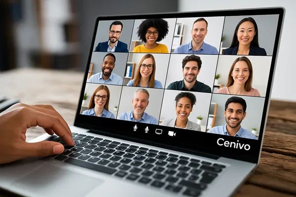 Laptop showing a Cenivo video meeting with twelve participants